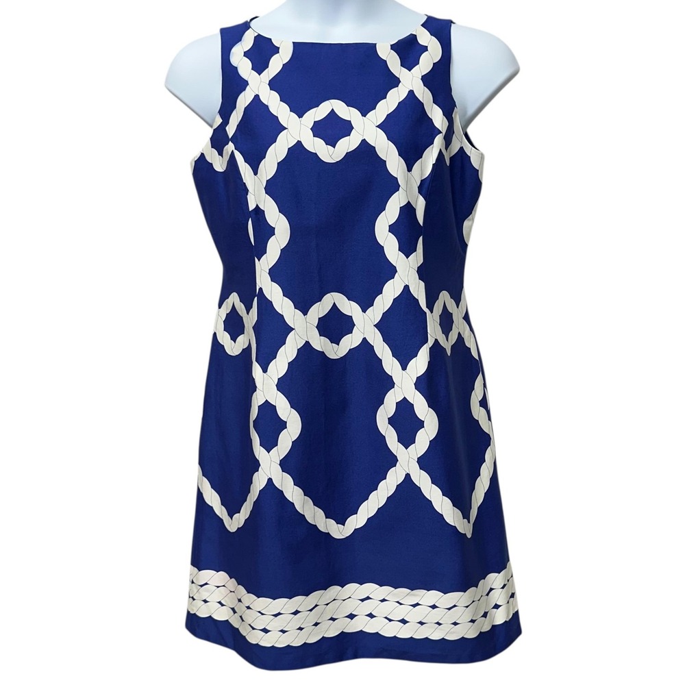 Jones New York Dress Womens 12 Blue Rope Print Sleeveless Sheath Nautical Cotton